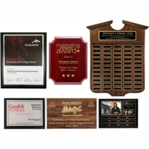 Six custom award plaques on a white background
