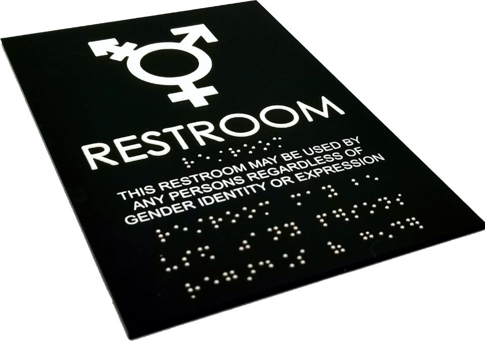An AODA compliant all-gender restroom sign with tactile text and braille.