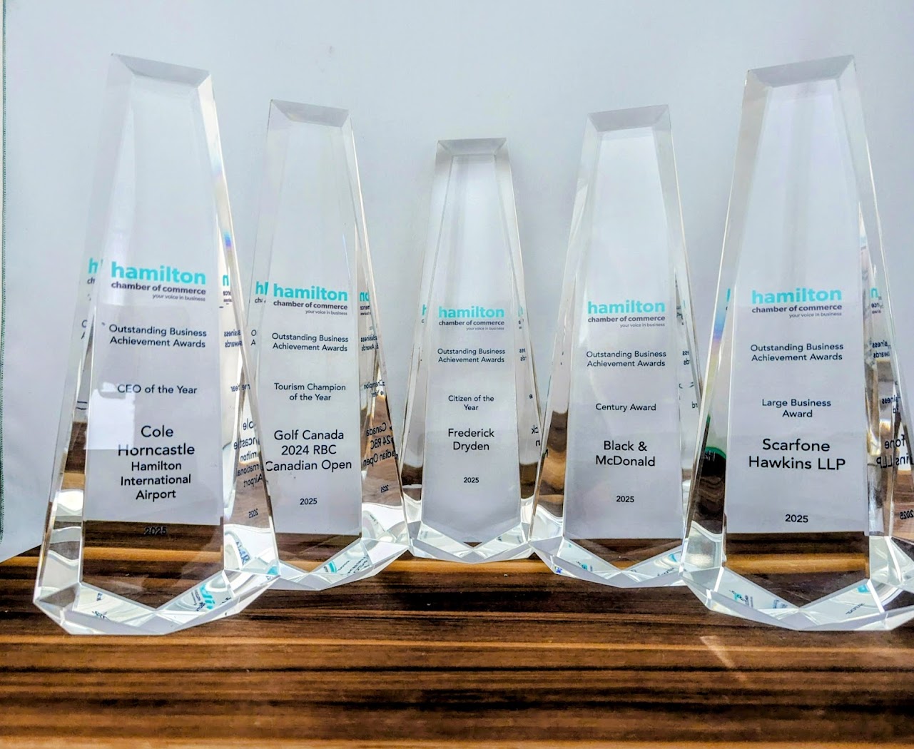 Crystal recognition awards row from Aran Awards in Hamilton