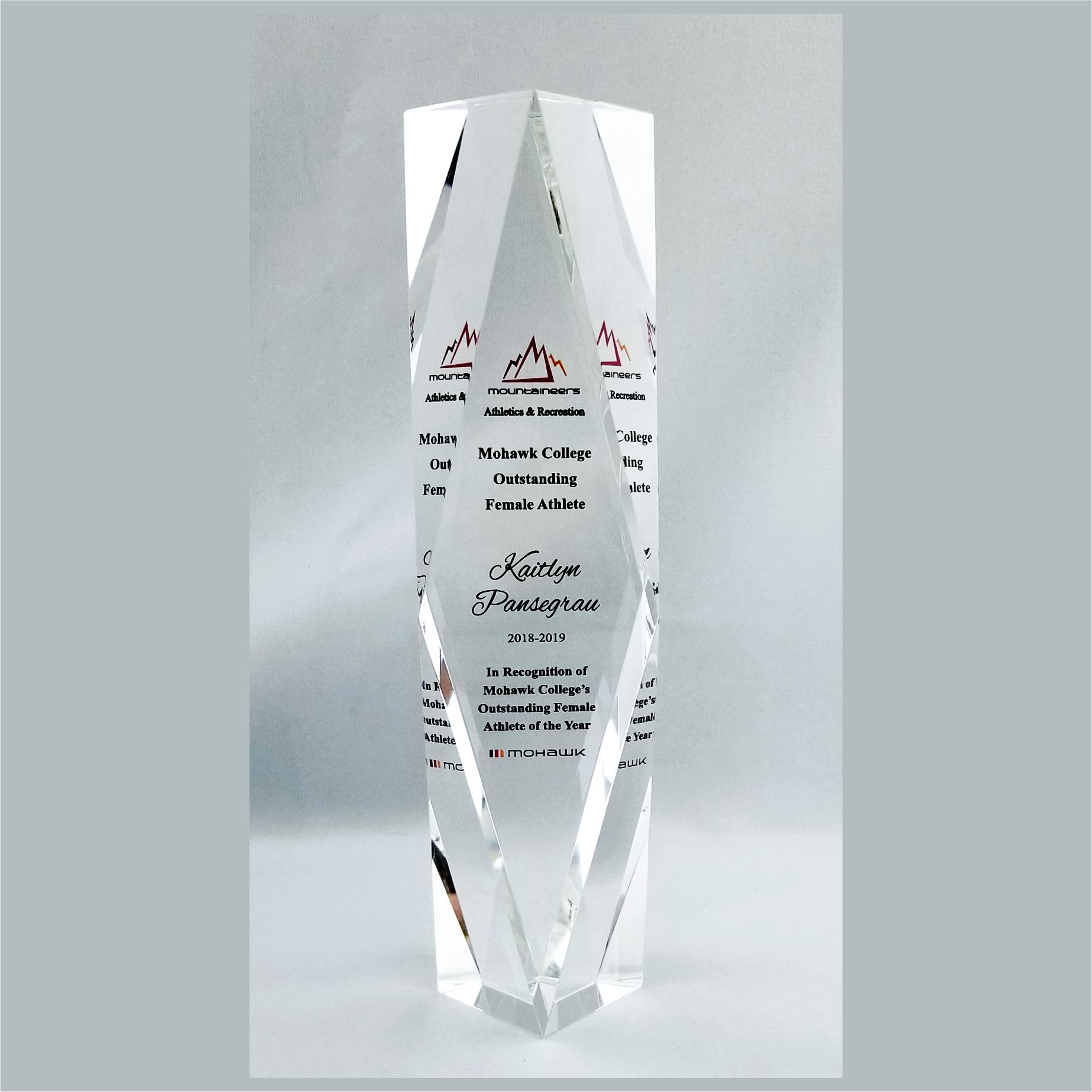 Custom crystal awards produced for Mohawk College from Aran Awards