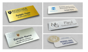 Custom UV-printed name tag in Hamilton, featuring a company logo and vibrant colours.