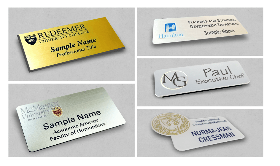 Custom UV-printed name tag in Hamilton, featuring a company logo and vibrant colours.
