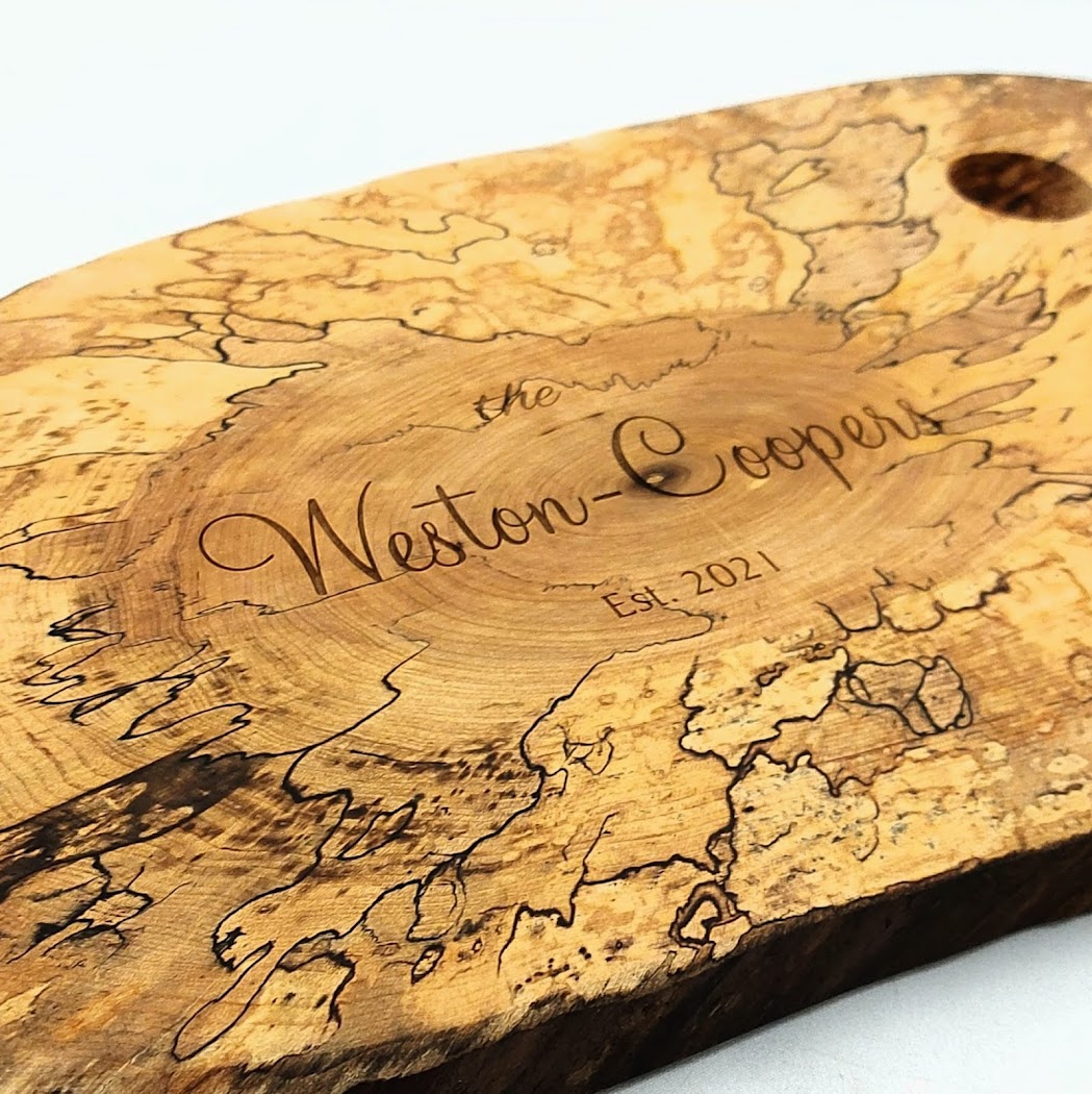 Engraved charcuterie board close-up from Aran Awards in Hamilton