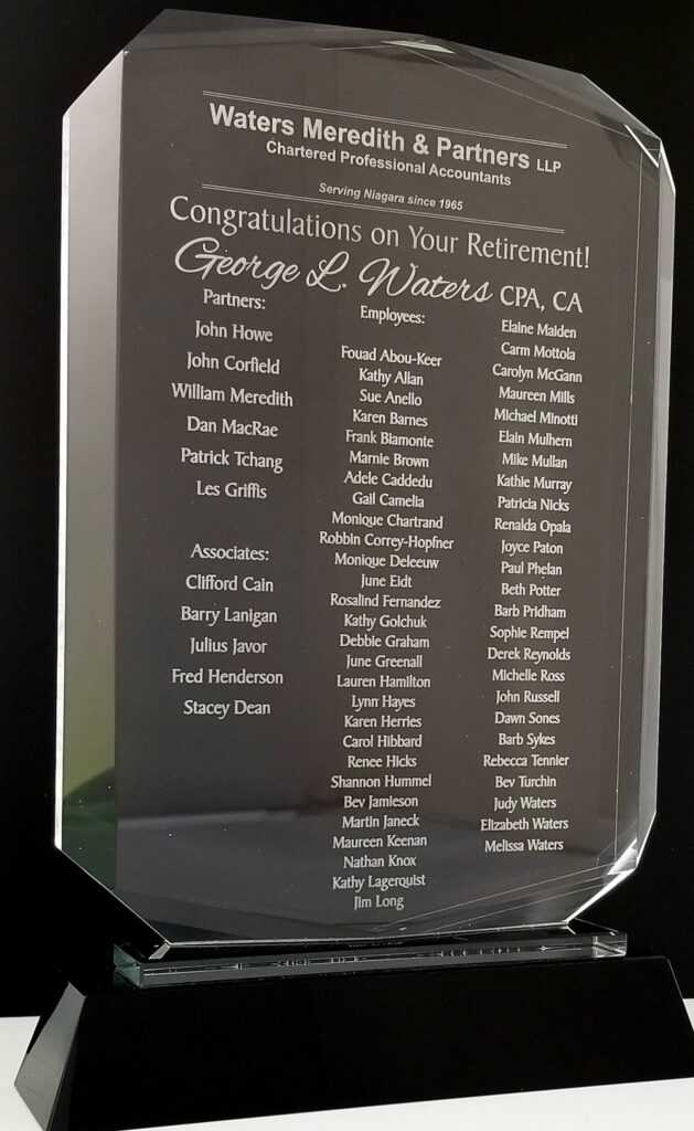 Engraved Corporate Plaque Close Up by Aran Awards in Hamilton, Ontario