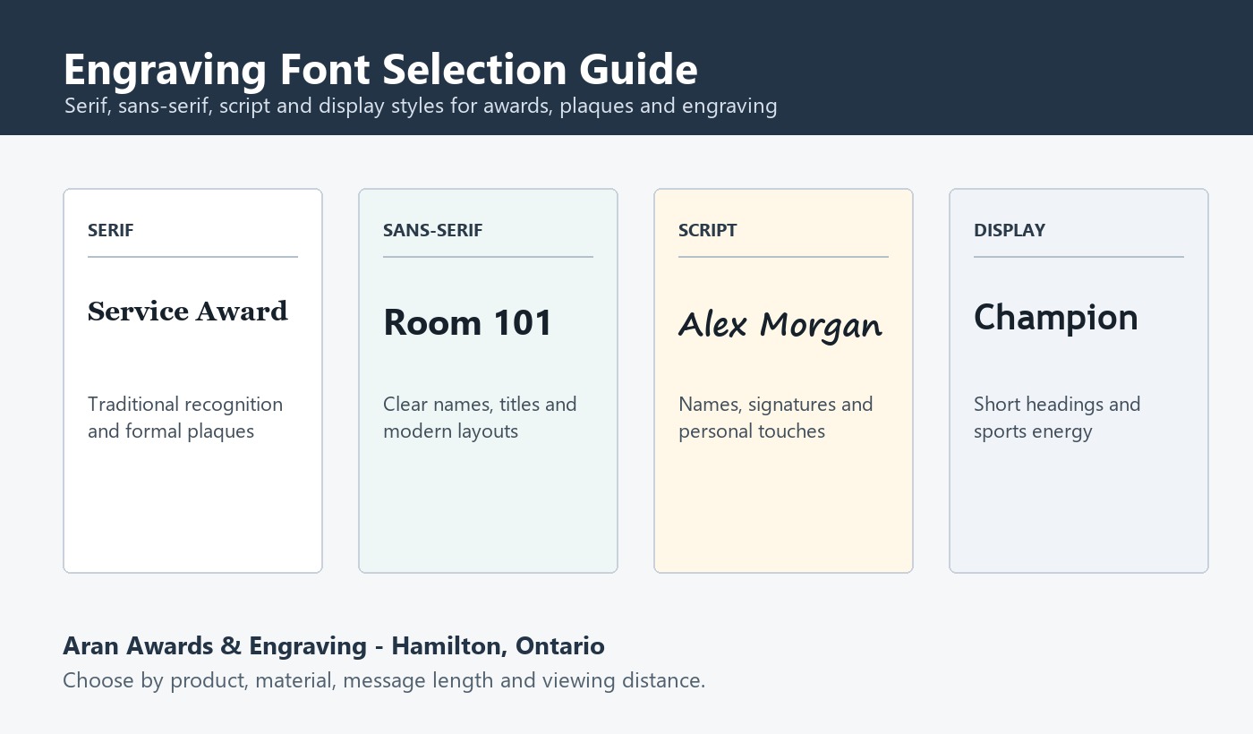 Engraving font sample board comparing serif, sans-serif, script and display styles at Aran Awards in Hamilton