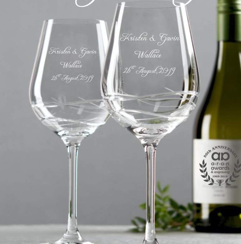 Engraved wine glasses with personalized lettering from Aran Awards in Hamilton