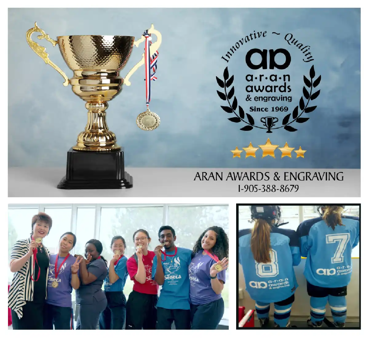 Gold trophy with medal displayed alongside the Aran Awards & Engraving logo, emphasizing quality and innovation since 1969. Below, a group of athletes celebrate with medals, and two hockey players wearing blue jerseys with the Aran Awards & Engraving logo on their backs.