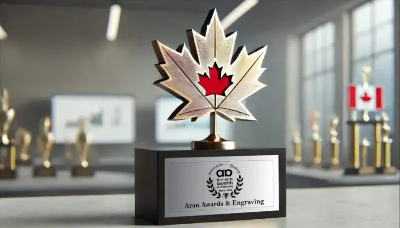 Maple leaf trophy and award display from Aran Awards in Hamilton
