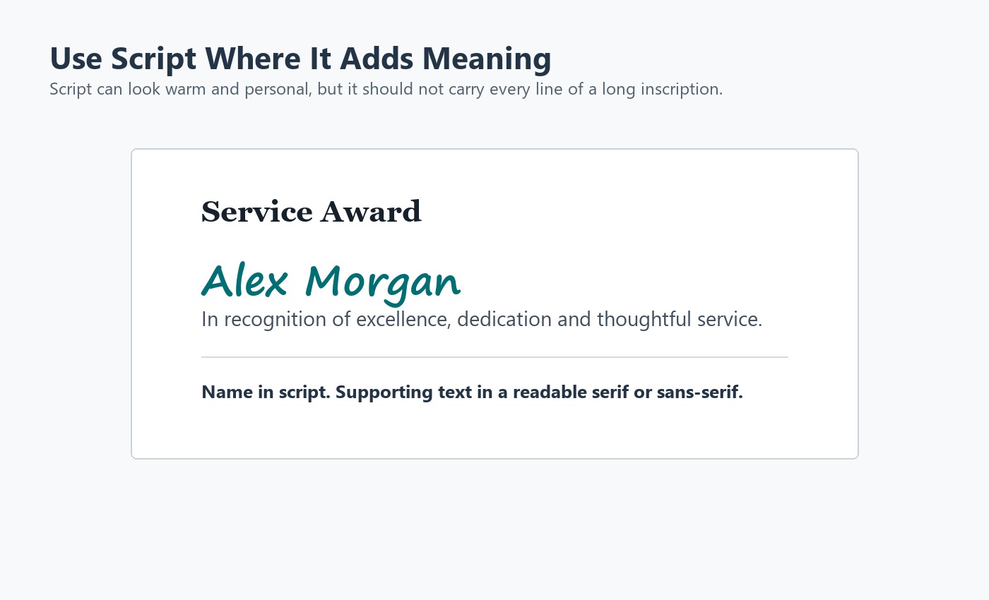 Award inscription example using script for the recipient name and readable text for the rest