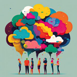 Group of people discussing with constructive chat bubbles