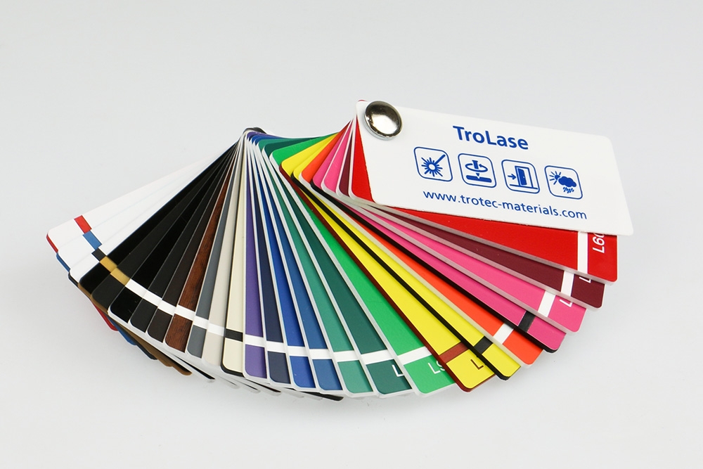 Sample fandeck of Trotec lamacoid engraving plastic colours.