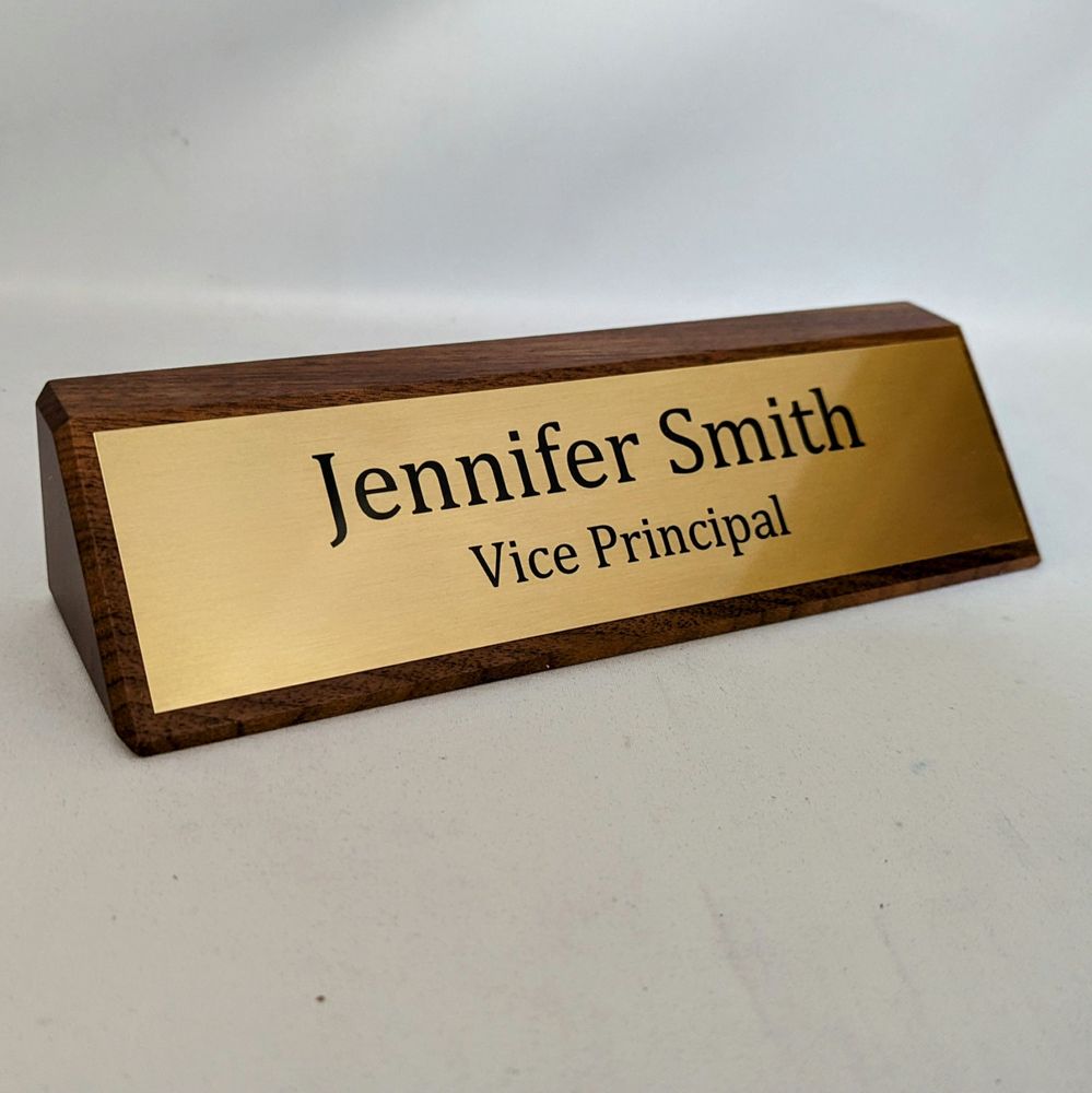 Walnut Desk Wedge Engraved Gold Nameplate From by Aran Awards in Hamilton, Ontario