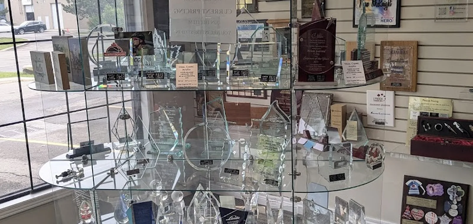 Aran Awards showroom display with trophies, plaques and awards