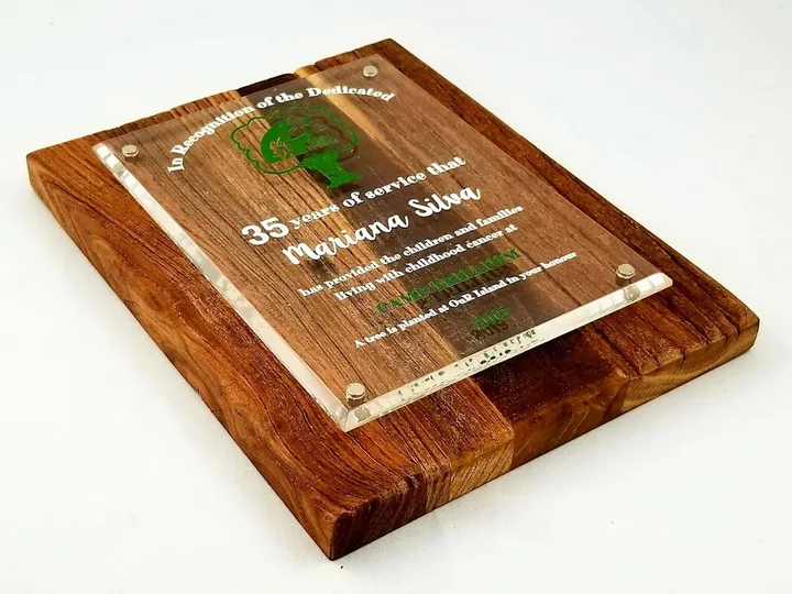 Wood and acrylic recognition plaque personalized by Aran Awards