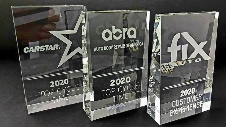 Clear custom awards set in the Hamilton showroom