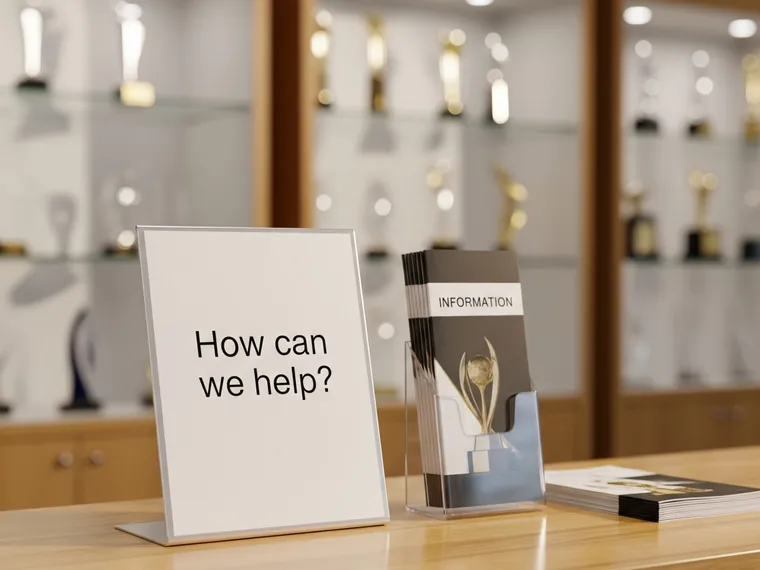A professional customer service desk at Aran Awards in Hamilton with a sign that reads How can we help?