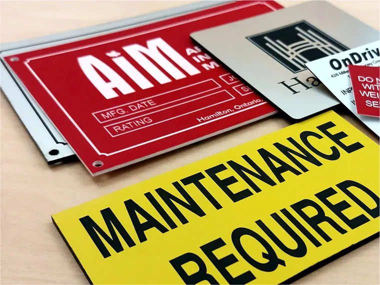 Industrial lamacoid sign samples for safety and facility labelling