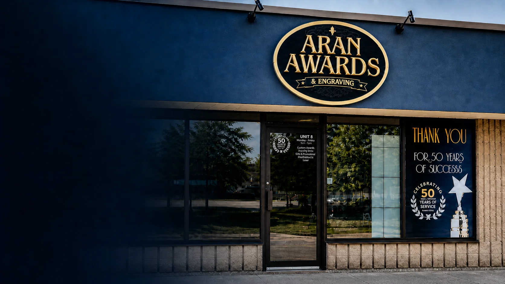 Aran Awards showroom exterior at 70 Unsworth Drive in Hamilton, Ontario